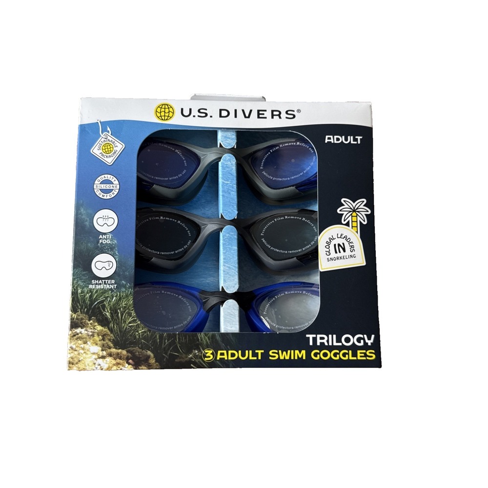 US Divers Trilogy Adult UV Swim Goggles 3 Pack in Blue, Black & Gray New in Box